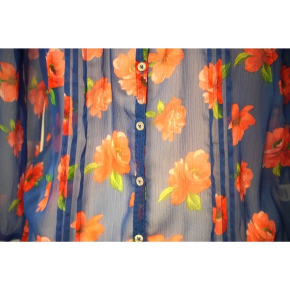 Hollister Sheer Floral Blouse, See Through Top, Button Up, Size Large, Blue with - Picture 8 of 11